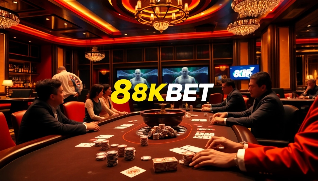 High-stakes poker action at 8KBET casino table with vibrant lights and chips.
