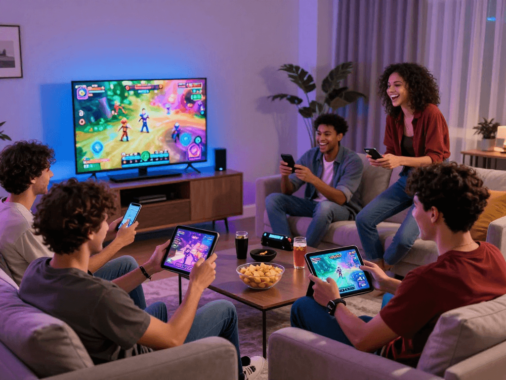 Engaged players enjoying free porn games on various devices in a lively living room.