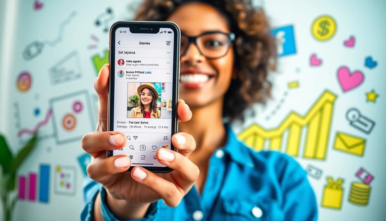 Engaging scene illustrating ways to monetize instagram stories link with vibrant visuals and an influencer.