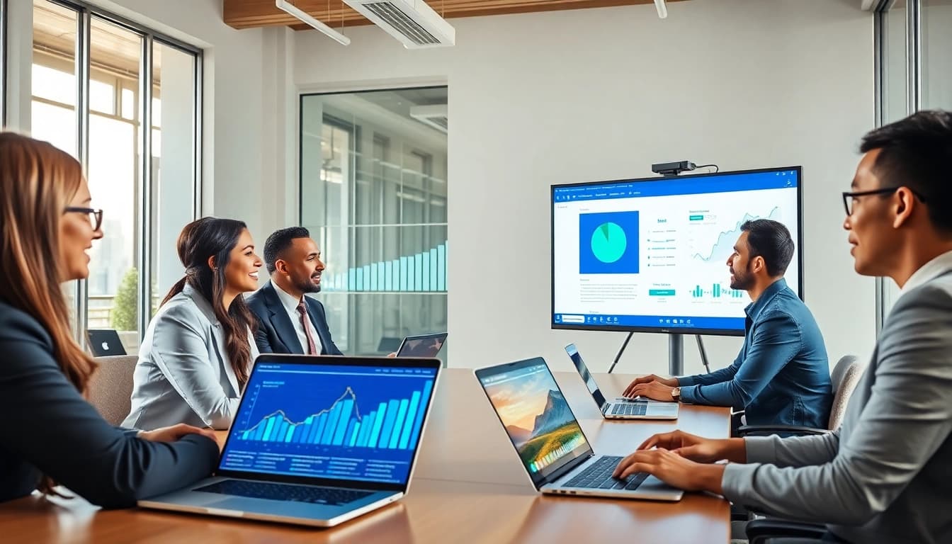Visualizing online contact data verification in a modern office with professionals collaborating.