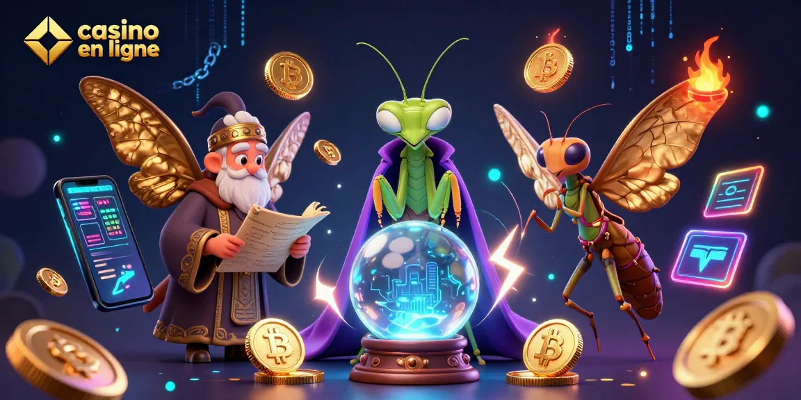 Plongez dans l'univers du casino en ligne avec ce visuel illustrant un chaman et un bibliothécaire.