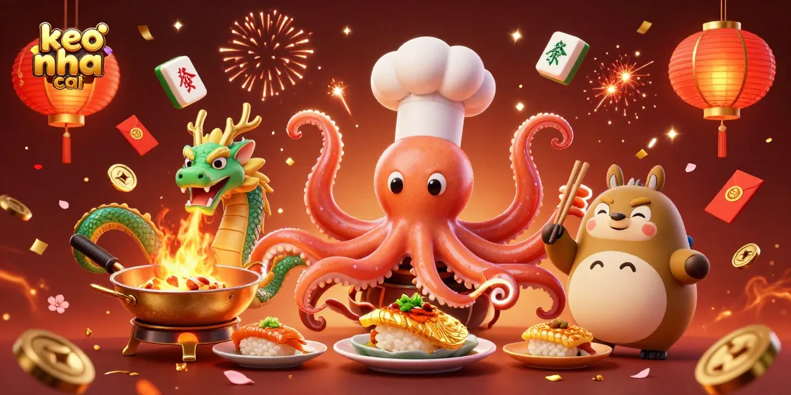 Engage with keo nha cai through a vibrant scene of a sushi chef octopus and friends amidst festive gambling elements.