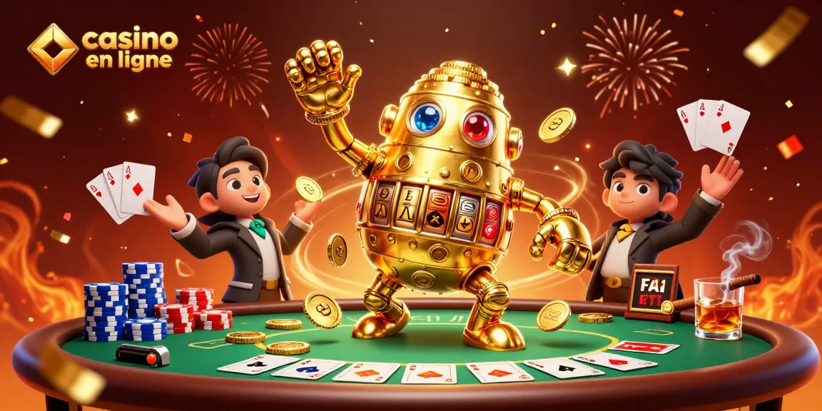 Jouer au casino en ligne avec une illustration vibrante d'un golem doré et des éléments de poker.