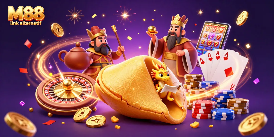 M88 link alternatif features a vibrant scene with a golden fortune cookie, a wise dragon, and dynamic casino elements in action.