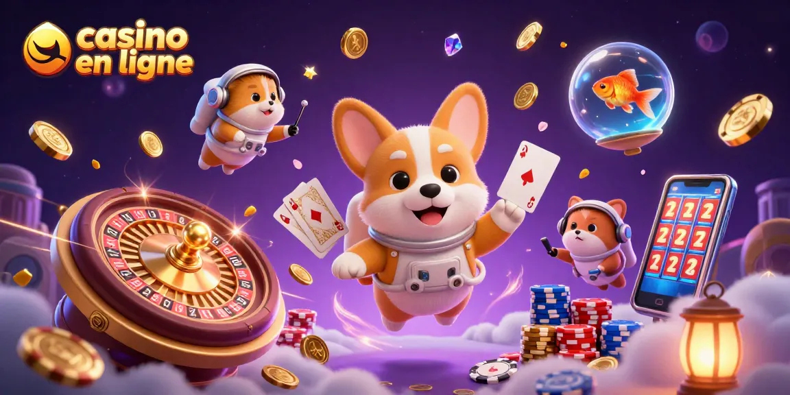 Illustration immersive de casino en ligne avec un corgi astronaute et des pièces d'or flottantes.