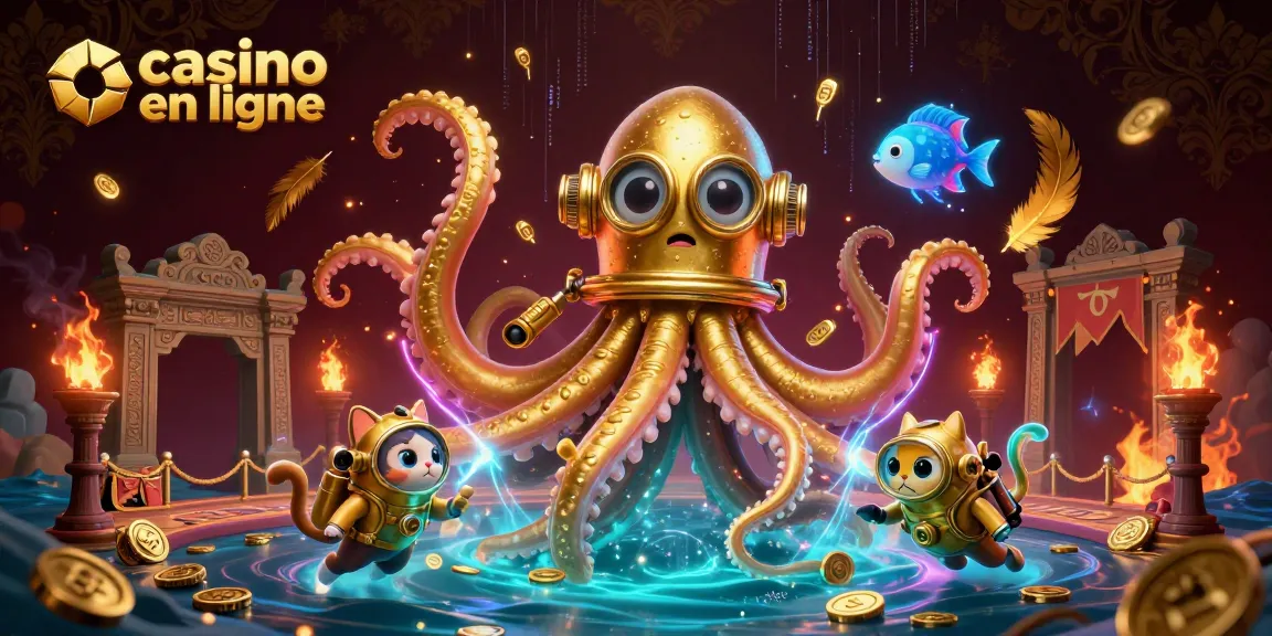 Illustration dynamique de casino en ligne avec un kraken doré, chat plongeur et poissons bioluminescents.