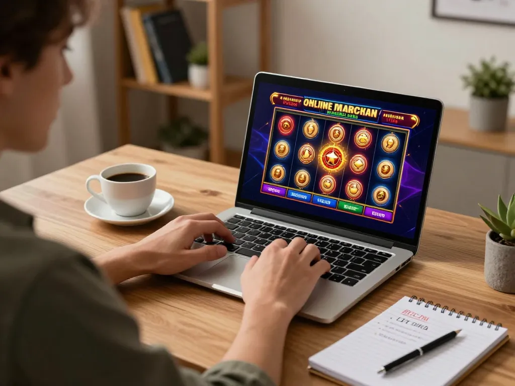 Engaging scene of a user embracing casino online americani on a laptop, showcasing vibrant gameplay and a strategic approach.