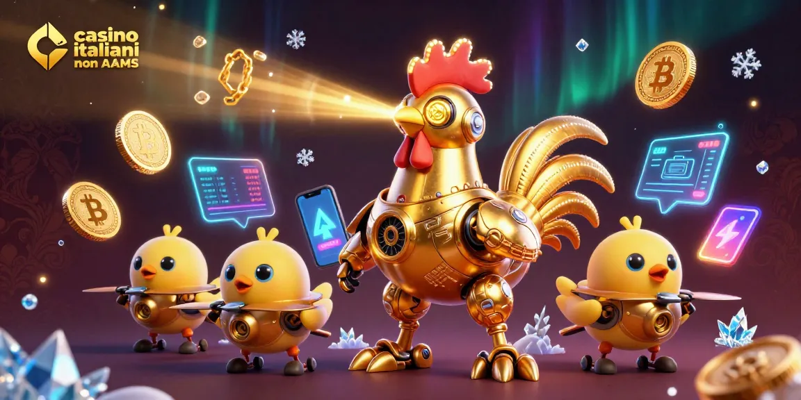 Giocatori nei casino italiani non AAMS esplorano opzioni di gioco con robot dorati e criptovalute scintillanti.