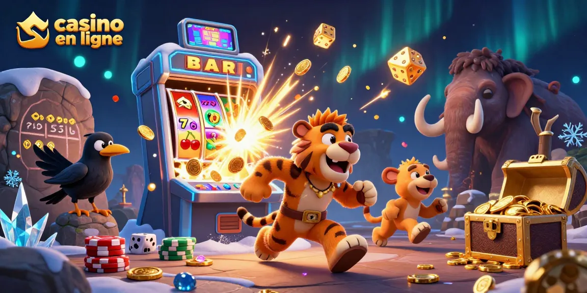 Plongez dans l'univers du casino en ligne avec une illustration 3D captivante du duo préhistorique.