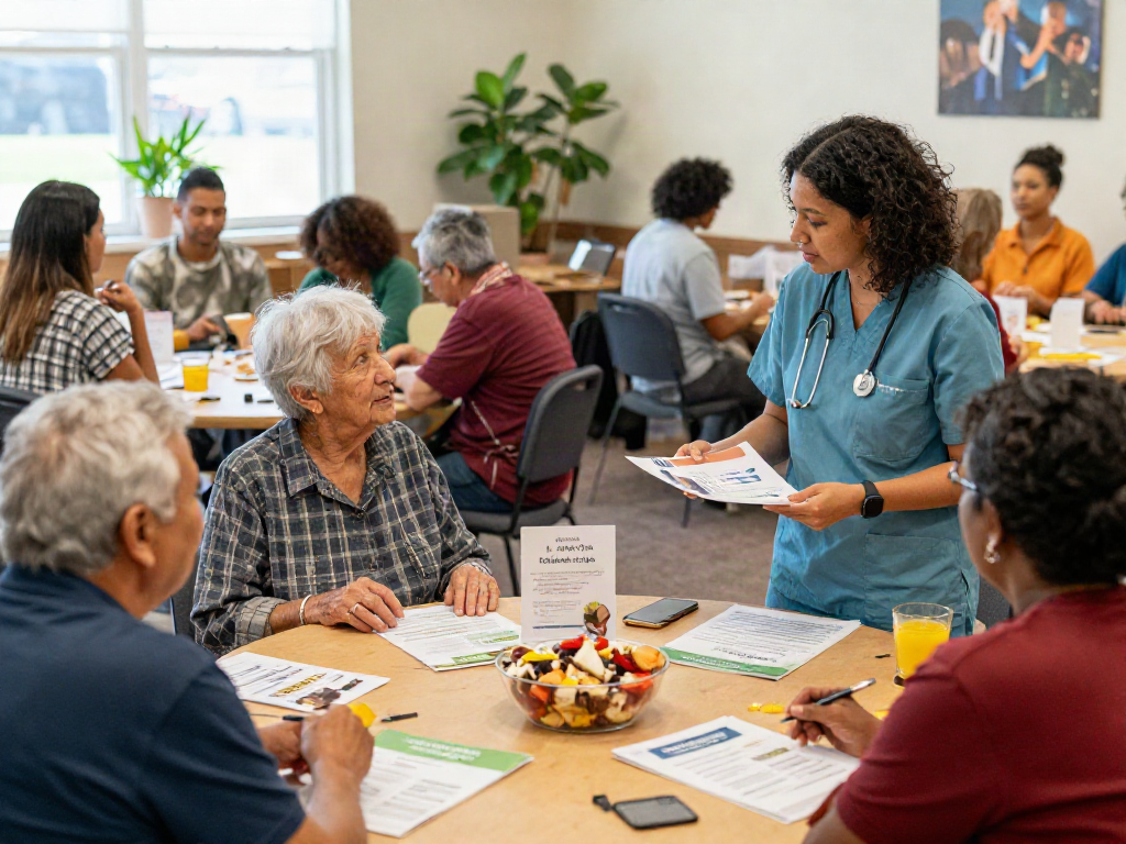Community health gathering promoting bonus new member benefits in a welcoming atmosphere with diverse participants.