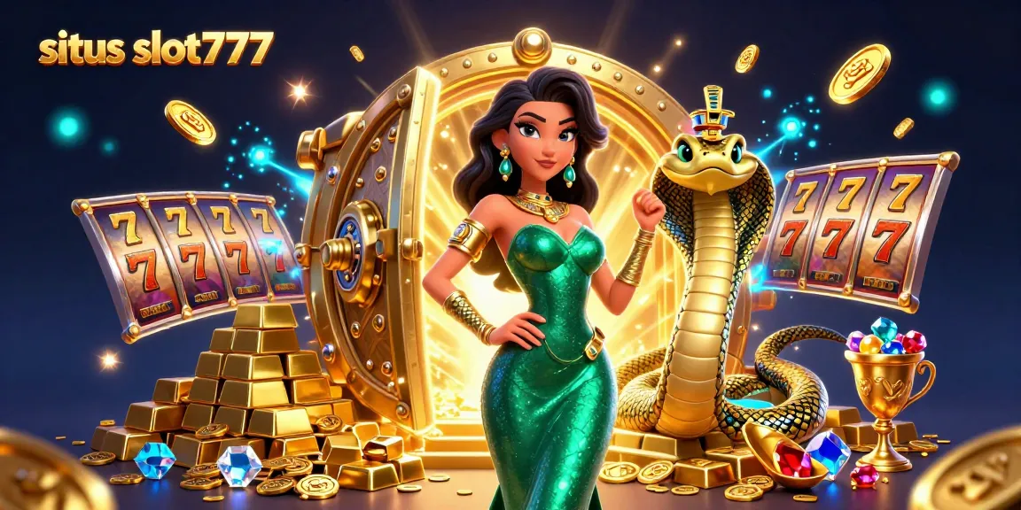 Sparkle and win at situs slot777 with this vibrant illustration of slot reels, gold bars, and a stunning dancer.