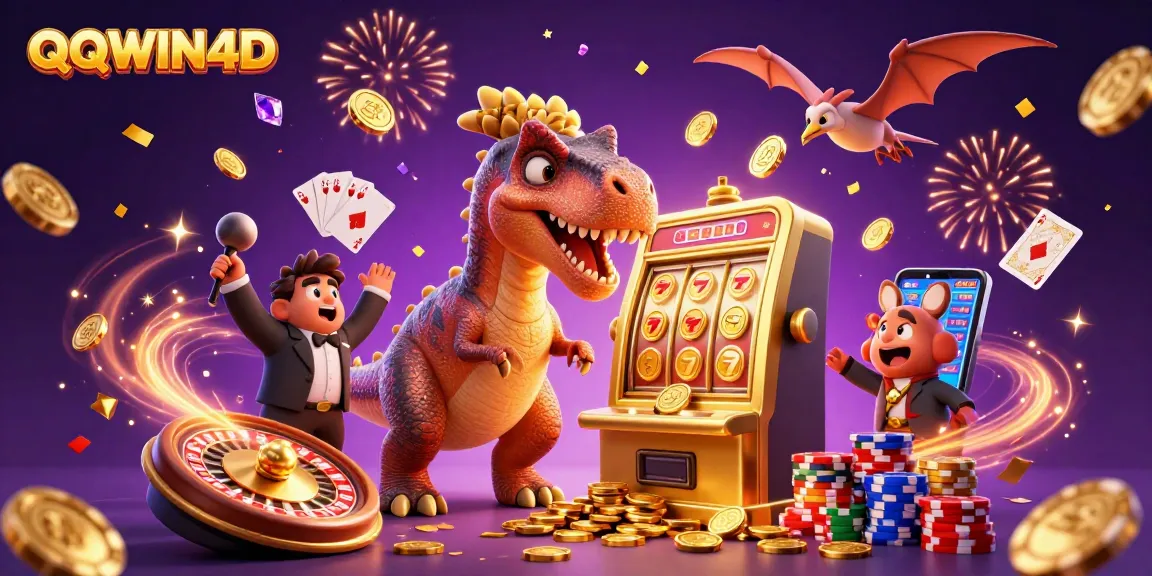 QQWIN4D memicu jackpot dengan ilustrasi hewan purbakala di kasino, menampilkan koin emas dan elemen permainan.