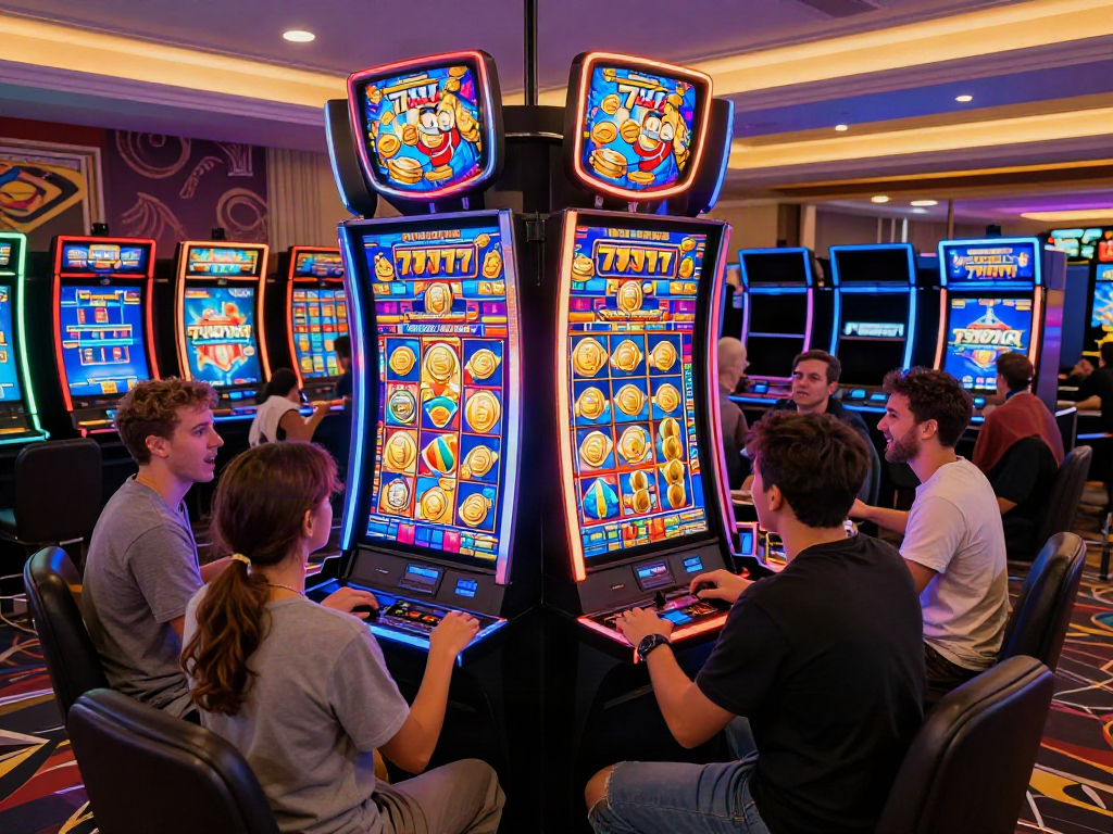 Pengalaman bermain slot777 di kasino online yang ramai, dengan pemain bersemangat mengelilingi mesin slot modern yang berkilauan.