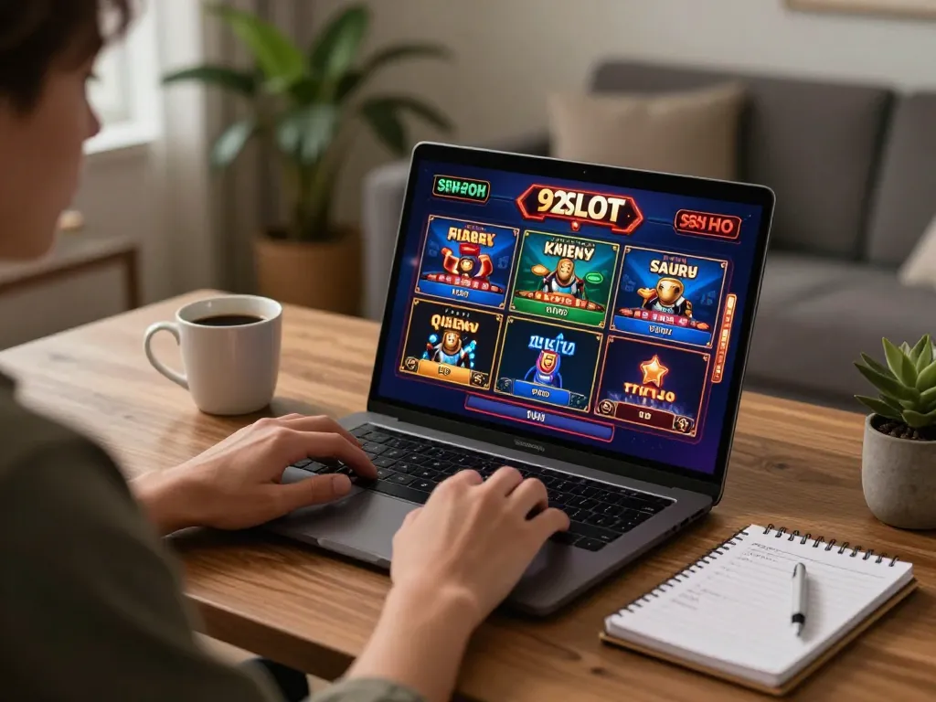 Player engaging with 92slot online gaming, displaying exciting gameplay on laptop