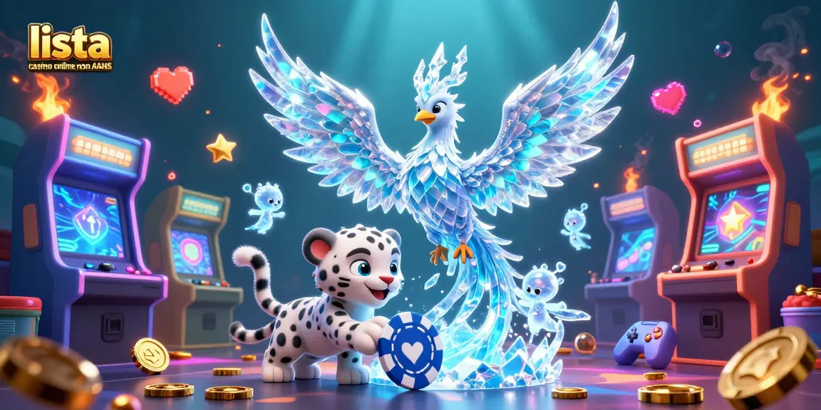 Scopri la lista casino online non AAMS con un'illustrazione di una fenice di ghiaccio, un cub di leopardo e sprite di ghiaccio danzanti.