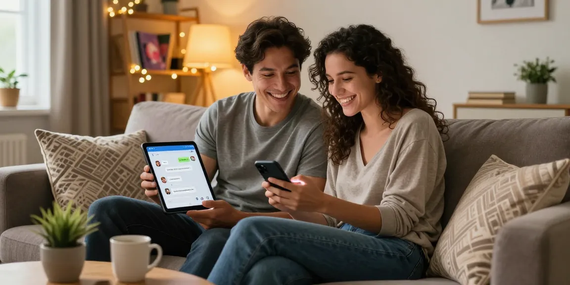 Engaging sex AI chat scene with happy couple enjoying a playful conversation on their devices in a cozy living room.
