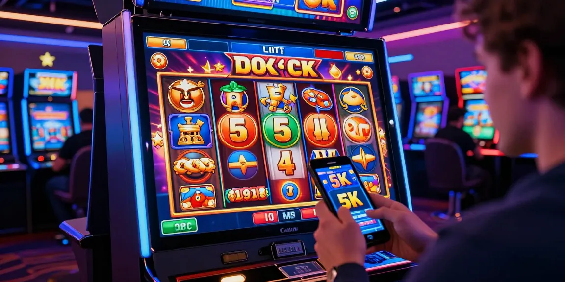 Exciting online gambling moment with a user playing slot depo 5k on mobile, vibrant casino graphics and jackpot display