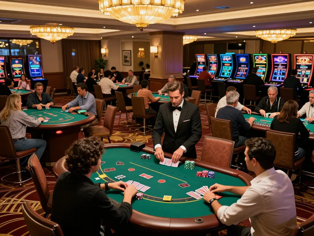Engaging gameplay at W 88 blackjack tables with players and dealers in an upscale casino