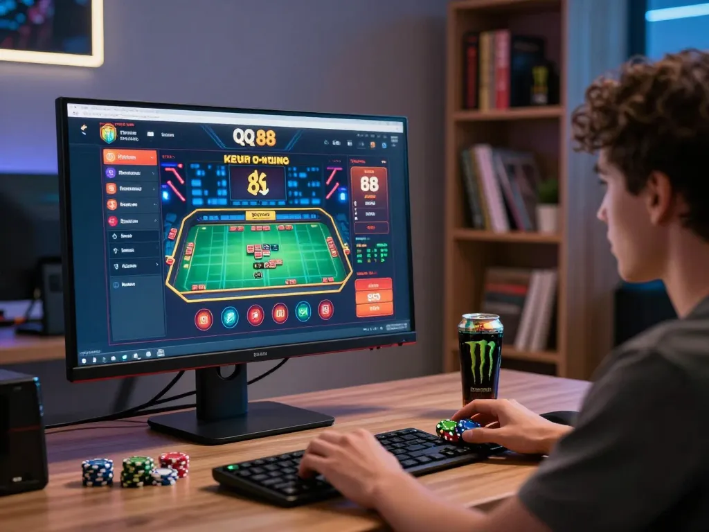 Engaging in live play on the qq 88 casino platform with chips and energy drinks on display.