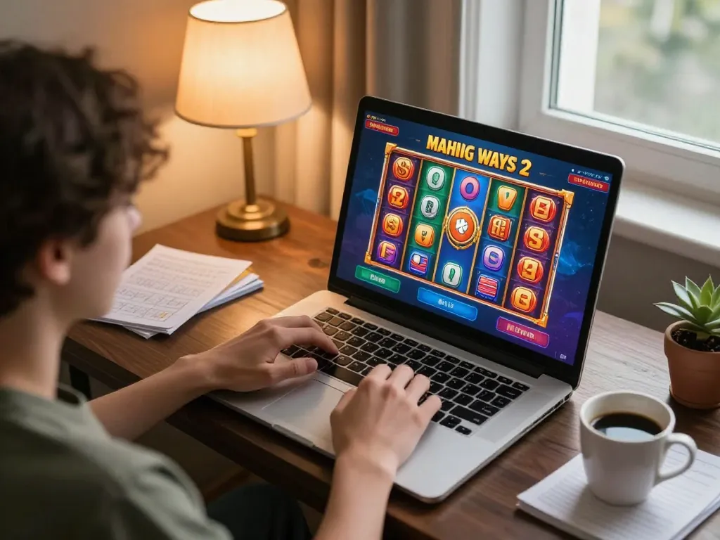 Playing Mahjong Ways 2 slot on laptop with vibrant graphics in warm home setting.