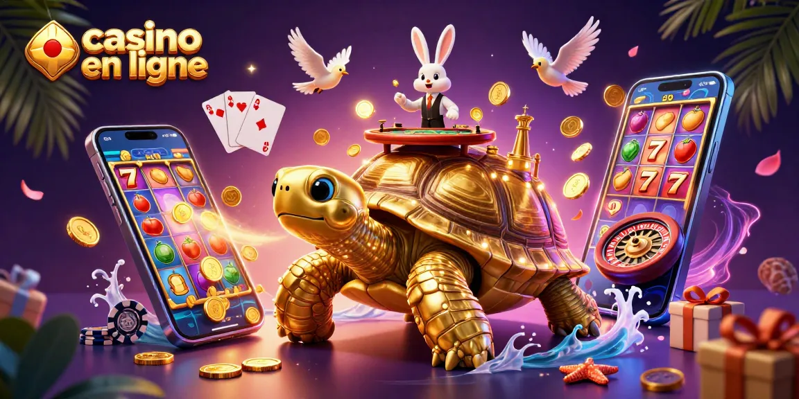 Découvrez une tortue dorée et un casino en ligne lumineux, plein de pièces et de cartes.