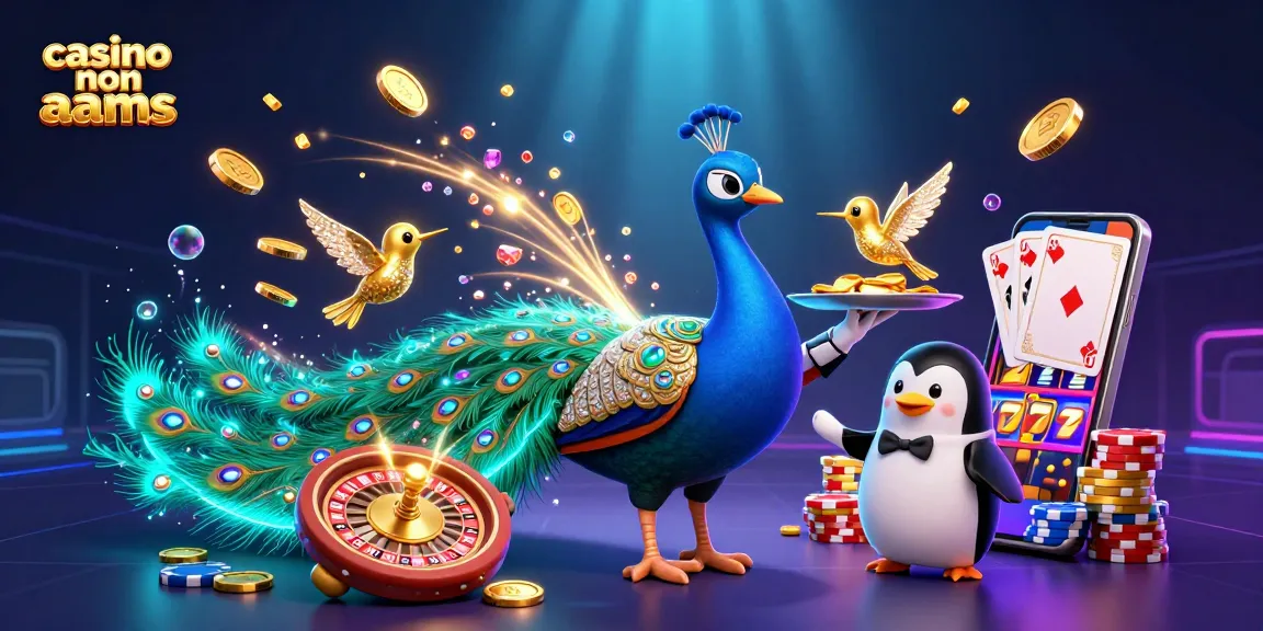 Giocare nei migliori casino non AAMS con un pavone aristocratico e un pinguino maggiordomo che portano fiches d'oro.