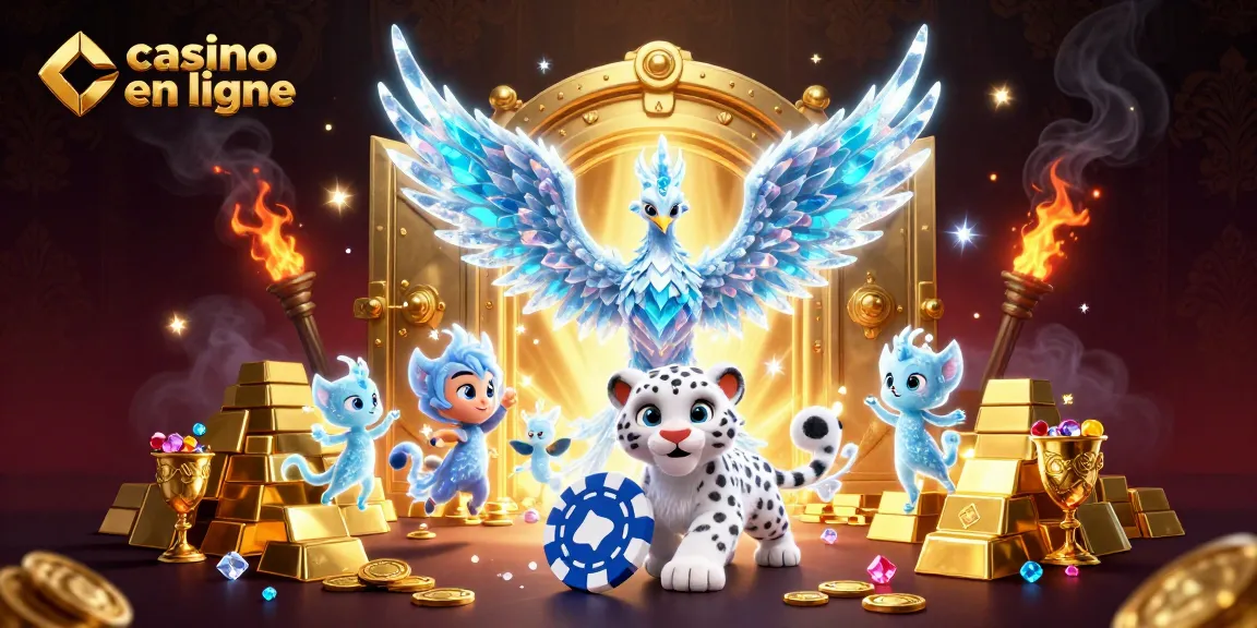 Casino en ligne : une illustration captivante d'un phoenix de glace et d'un petit léopard de neige dans un monde de trésors.