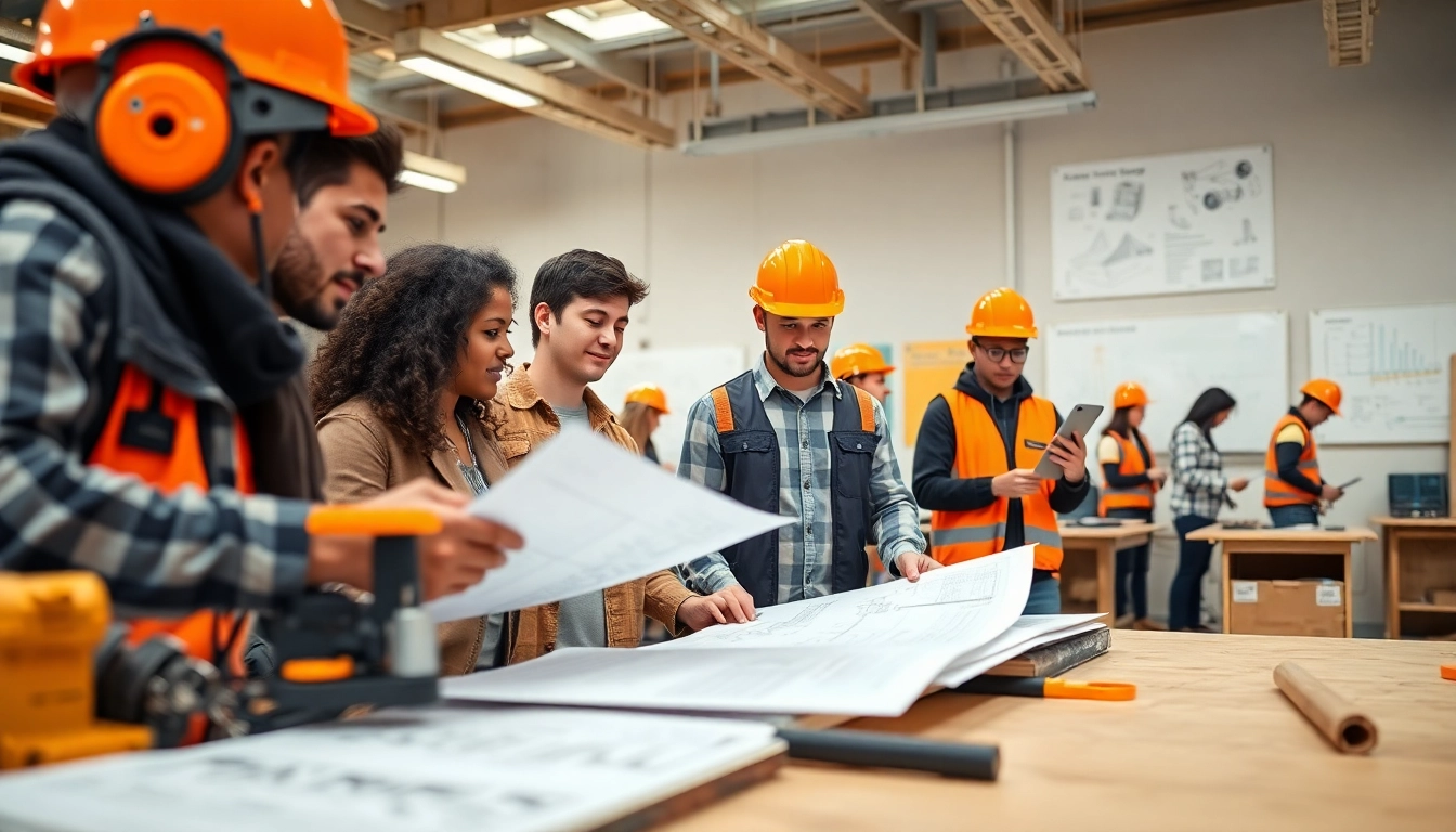 Engaging scene of students participating in construction education activities with machinery and blueprints.
