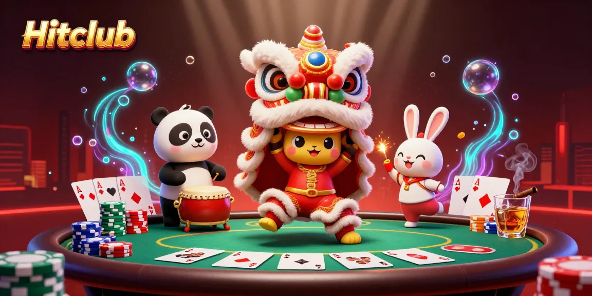 Engage in the vibrant gaming experience with Hitclub's lively lion dance and poker elements.