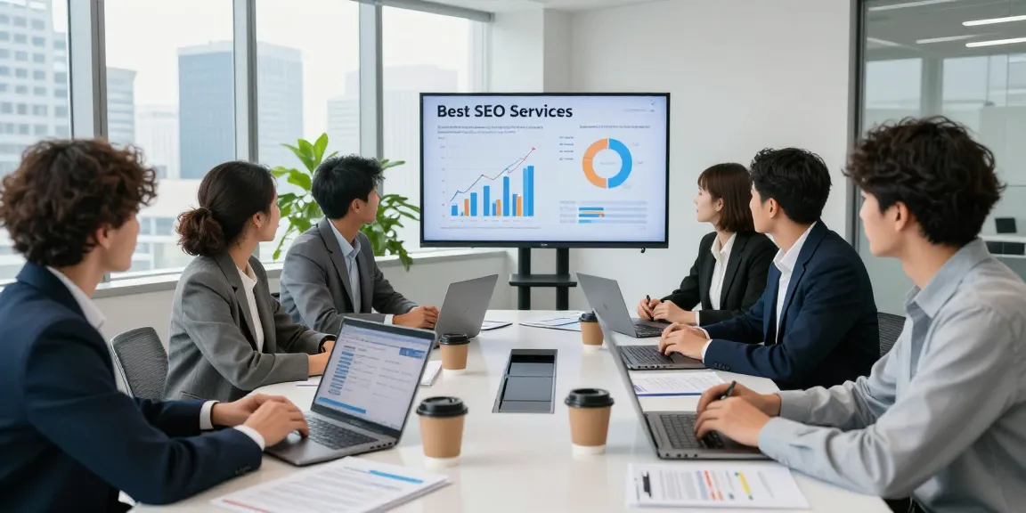 Team collaborating on Best SEO services in modern conference room