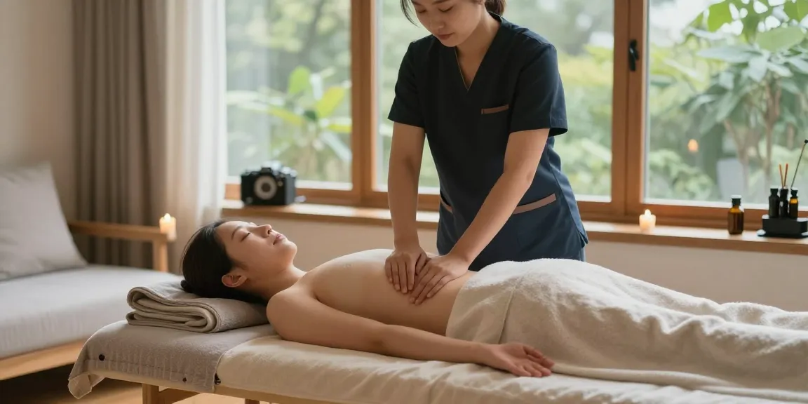 구래동출장안마 중인 마사지 서비스 장면, 아늑한 거실에서 편안한 분위기를 연출합니다.