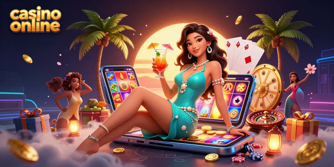 Découvrez le divertissement dans une scène de casino en ligne ultra-détaillée avec une femme glamour et des éléments de jeu dynamiques.