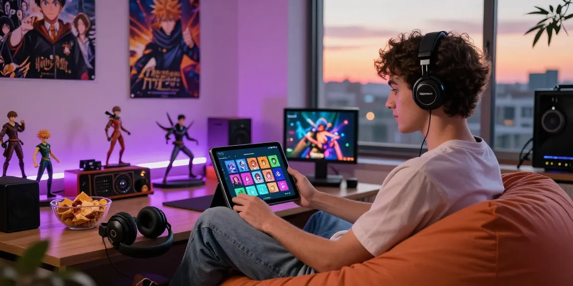 The status app showcased on a tablet, with a gamer immersed in a colorful fandom environment.