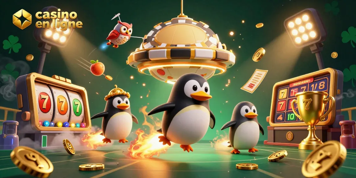 Casinos en ligne : personnage dynamique gagnant avec des pièces d'or et des symboles de machines à sous.