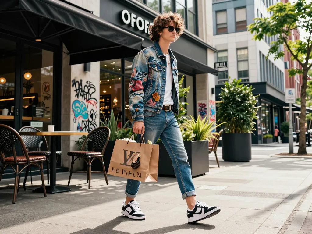 Stylish individual showcasing high-quality 레플리카 fashion in urban shopping scene.