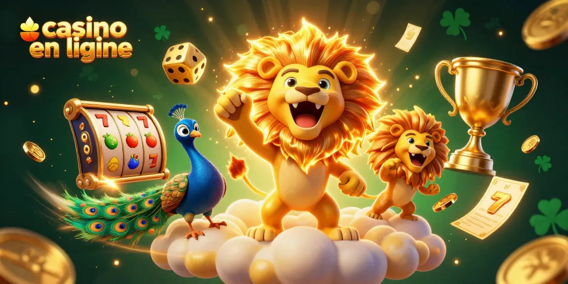 Illustration 3D animée illustrant "casino en ligne" avec lion solaire et dés dorés parmi des machines à sous et des pièces d'or.