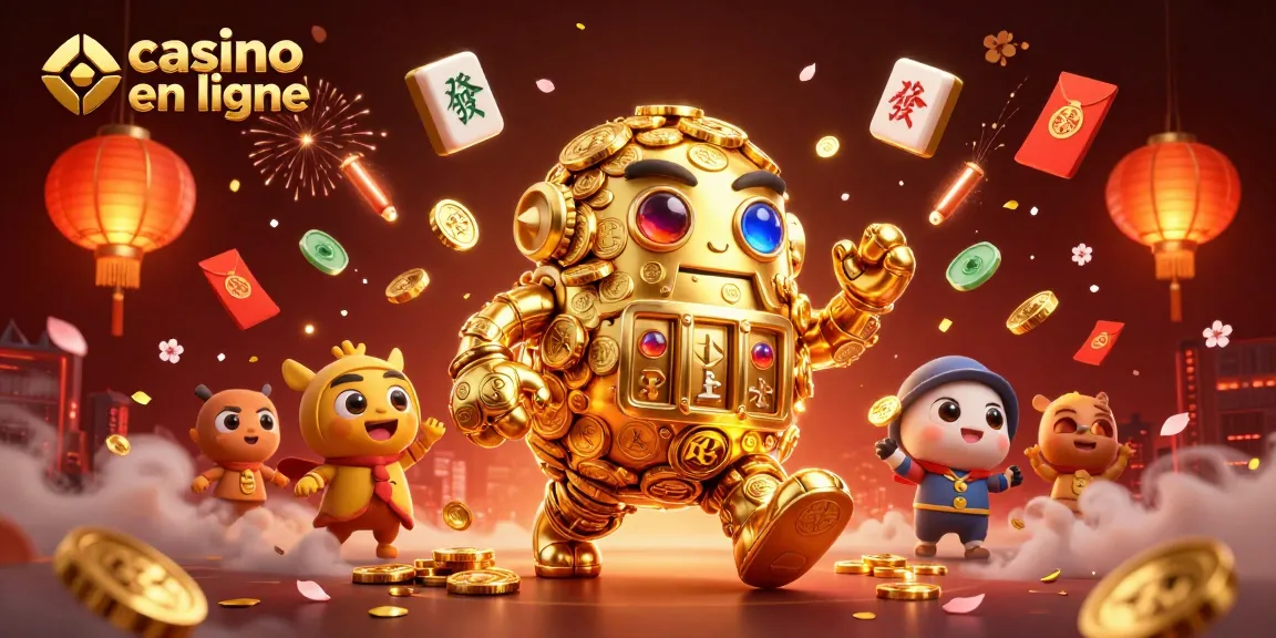 Illustration dynamique d'un golem doré dans un casino en ligne, avec des éléments de jeu flottants.