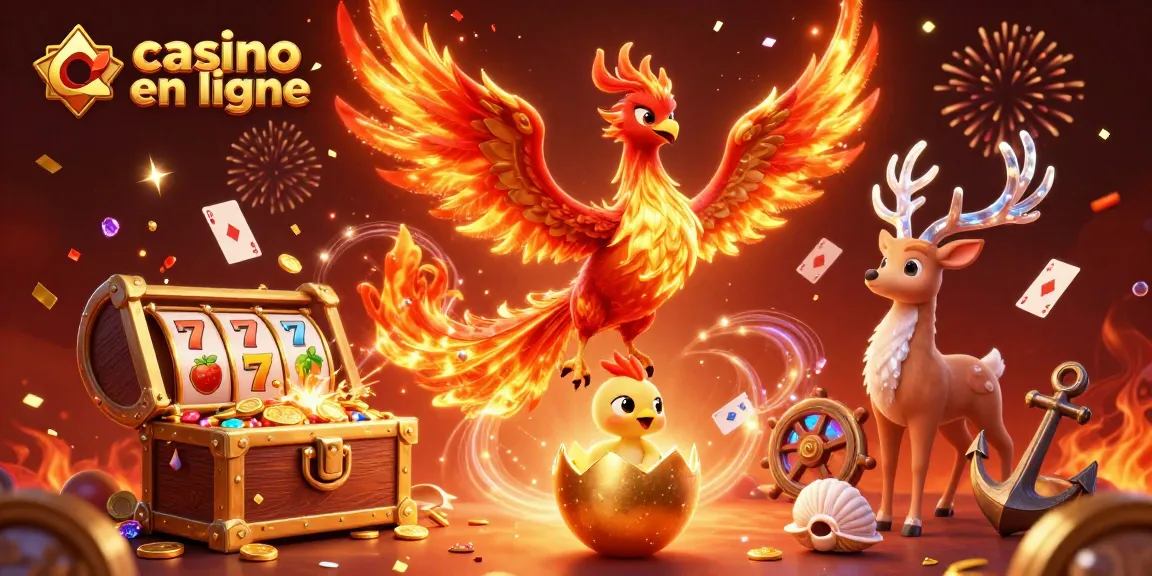 Illustration dynamique de casino en ligne avec un phoenix et une ambiance festive.