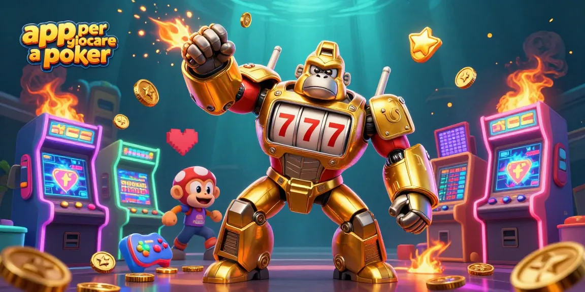 Immergiti nell'azione con l'app per giocare a poker, un'illustrazione 3D di un gorilla mech dorato pronto a vincere.