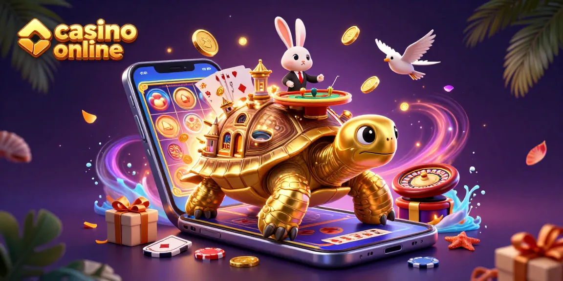 Vivez l'excitation avec le casino en ligne mettant en vedette une tortue dorée et un croupier lapin au milieu d'éléments de jeu animés.