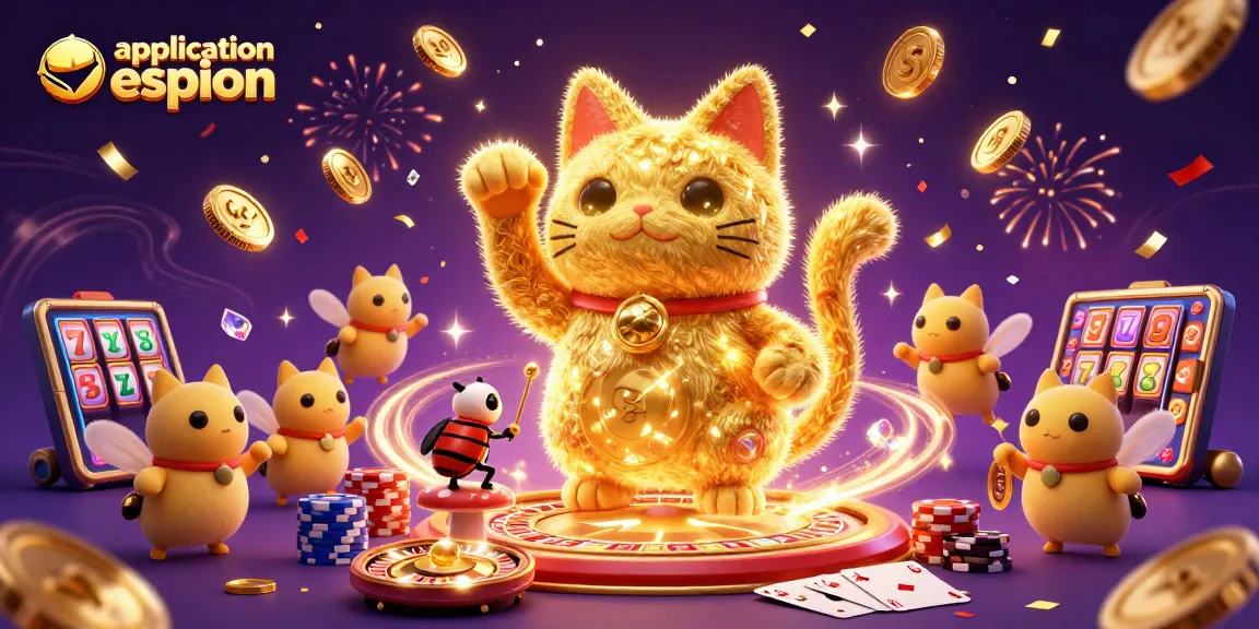 Application espion : détection de jeux d'argent avec un chat porte-bonheur et des symboles de casino.