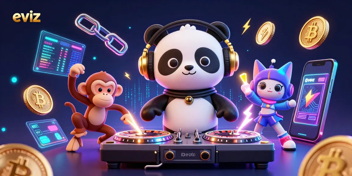 eviz showcases a dynamic 3D casino scene featuring bright characters and glowing crypto elements.