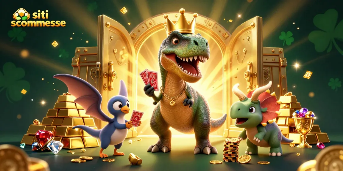 Siti scommesse in un'illustrazione 3D di un T-Rex che gioca a carte con un pterodattilo e un triceratopo, circondato da monete d'oro e tesori.