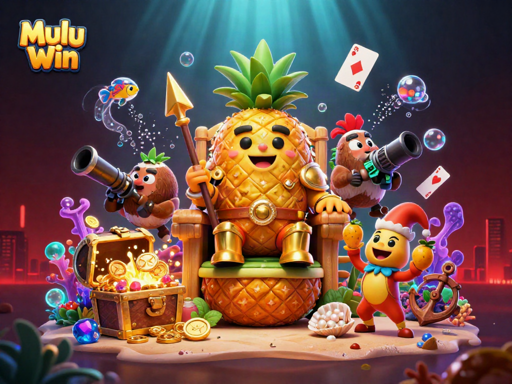 Mulu Win captures the golden pineapple king gambling in a vibrant casino scene, showcasing excitement and fun.