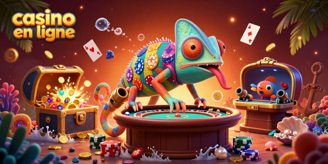 Le propriétaire caméléon du casino en ligne attrape des pièces d'or avec sa langue tout en surveillant la table de roulette.