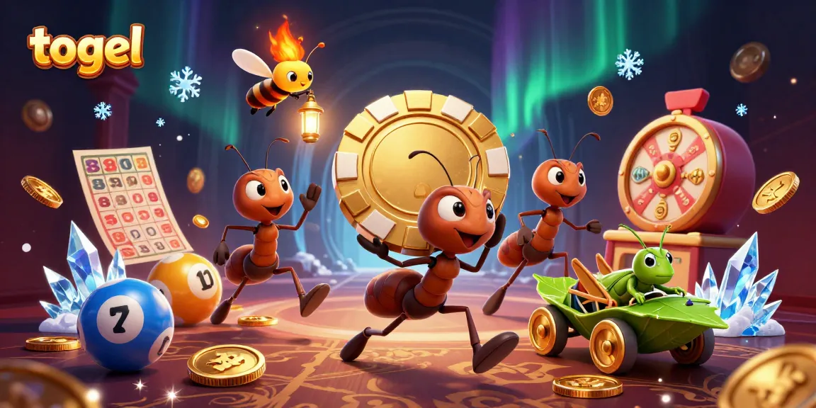 Join the excitement of togel with a vibrant illustration of ants heisting a giant poker chip