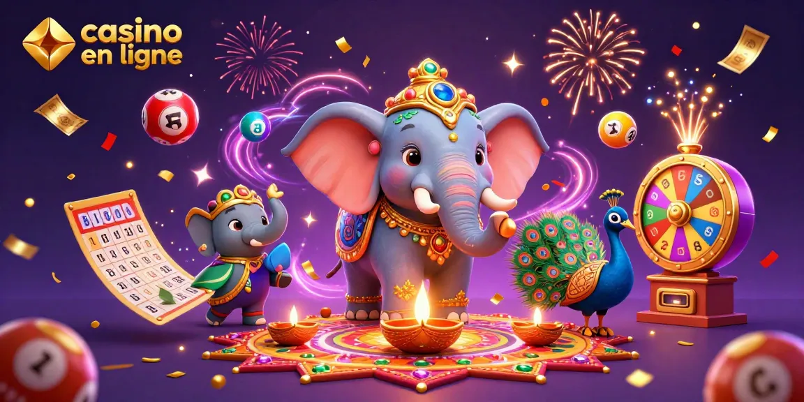 Jouez sur un casino en ligne avec une illustration captivante mettant en scène un éléphant coloré et des jeux dynamiques.