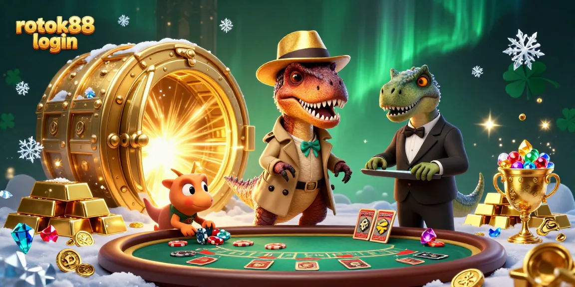 Join the fun with rokok88 login at a vibrant casino scene featuring playful dinosaurs!