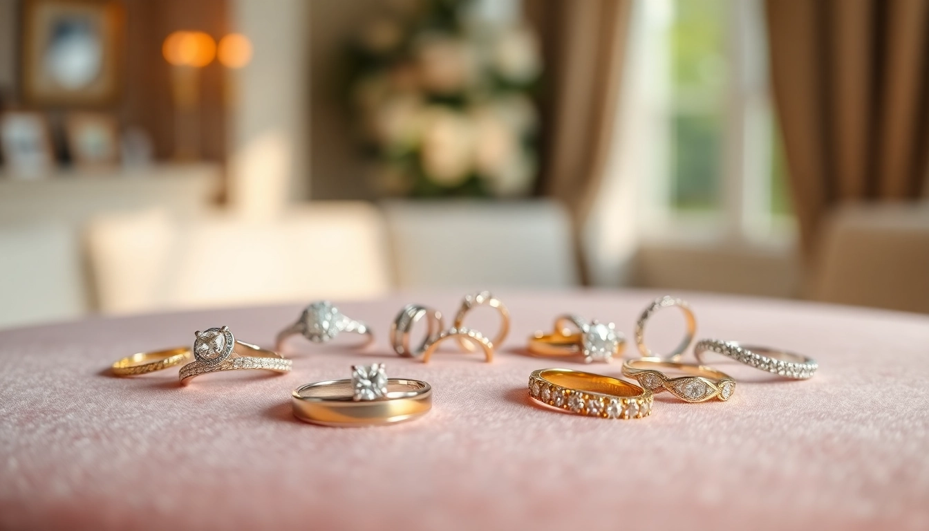 Admire exquisite wedding rings displayed beautifully on velvet, emphasizing elegance and craftsmanship.