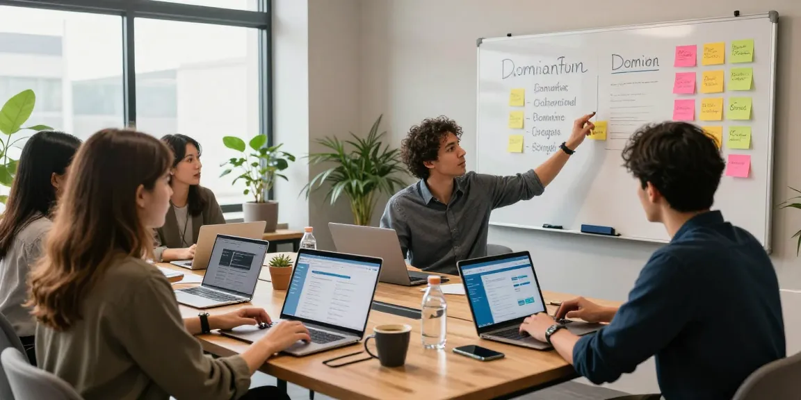 Registro de Dominios en México en un ambiente de trabajo colaborativo, emprendedores discutiendo sobre nombres de dominio.